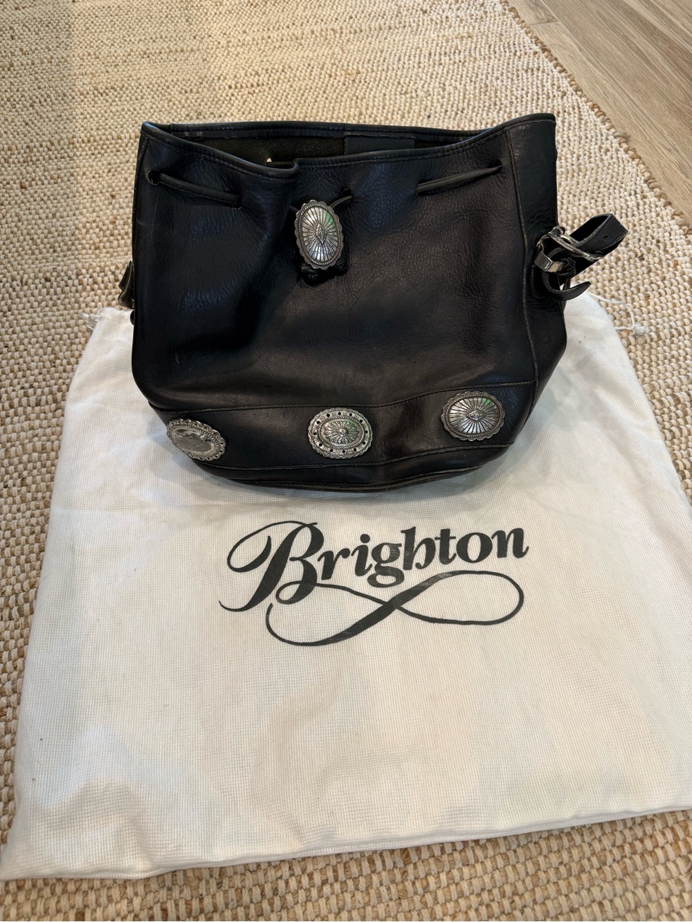 Brighton Black Leather Drawstring Shoulder Bag with Concho Medallions